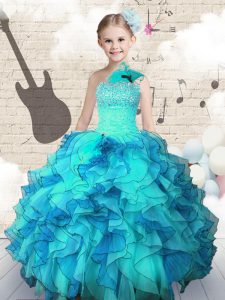 Stylish One Shoulder Sleeveless Floor Length Beading and Ruffles Lace Up Pageant Gowns For Girls with Aqua Blue