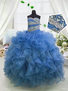 Blue Sweetheart Lace Up Beading and Ruffles Child Pageant Dress Sleeveless