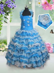 Customized Baby Blue Straps Neckline Beading and Appliques and Ruffled Layers Glitz Pageant Dress Sleeveless Lace Up