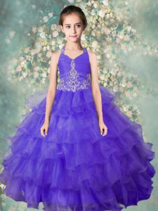 Halter Top Blue Zipper Pageant Dresses Beading and Ruffled Layers Sleeveless Floor Length