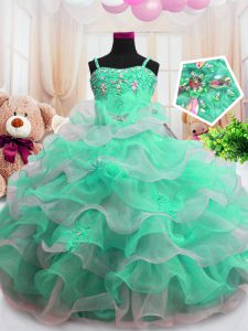Floor Length Zipper Kids Pageant Dress Green for Party and Wedding Party with Beading and Ruffled Layers