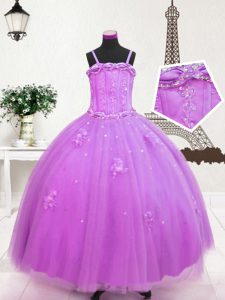 Cheap Floor Length Zipper Pageant Dress for Girls Lilac for Party and Wedding Party with Beading and Appliques