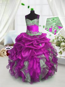 Graceful Pick Ups Floor Length Fuchsia Pageant Gowns For Girls Spaghetti Straps Sleeveless Lace Up