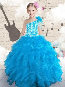 One Shoulder Floor Length Baby Blue Pageant Dress Wholesale Organza Sleeveless Embroidery and Ruffles and Hand Made Flow