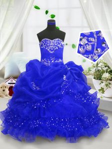 Royal Blue Lace Up Sweetheart Beading and Ruffled Layers and Pick Ups Pageant Gowns For Girls Organza Sleeveless