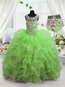 Nice Scoop Floor Length Pageant Dress for Teens Organza Sleeveless Beading and Ruffled Layers