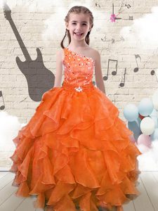 Beauteous Orange Red One Shoulder Lace Up Beading and Ruffles Girls Pageant Dresses Sleeveless