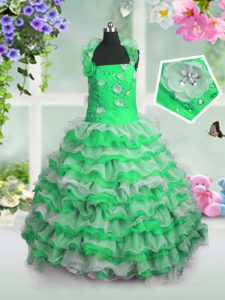Floor Length Little Girls Pageant Gowns Organza Sleeveless Beading and Appliques and Ruffled Layers