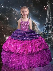 Purple Organza Lace Up Spaghetti Straps Sleeveless Floor Length Pageant Dress Toddler Beading and Ruffles and Pick Ups