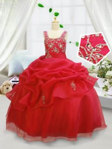 Coral Red Ball Gowns Straps Sleeveless Organza Floor Length Lace Up Beading and Pick Ups Girls Pageant Dresses