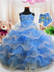 Enchanting Ruffled Ball Gowns High School Pageant Dress Blue Spaghetti Straps Organza Sleeveless Floor Length Zipper