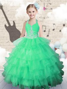 Custom Designed Halter Top Green Lace Up Pageant Gowns For Girls Beading and Ruffled Layers Sleeveless Floor Length