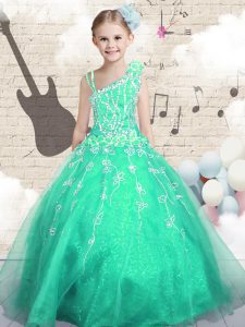 Apple Green Sleeveless Floor Length Appliques Lace Up Little Girls Pageant Dress