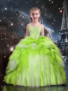 On Sale Apple Green Tulle Lace Up Spaghetti Straps Sleeveless Floor Length Little Girls Pageant Gowns Beading and Ruffle