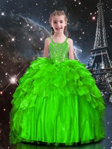 Sleeveless Floor Length Beading and Ruffles Lace Up Little Girls Pageant Dress