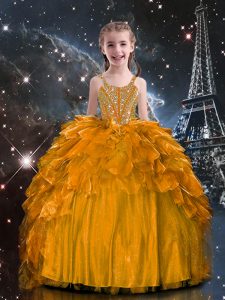 Luxurious Floor Length Orange Little Girls Pageant Gowns Spaghetti Straps Sleeveless Lace Up