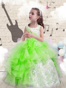 Organza Lace Up Scoop Sleeveless Floor Length Pageant Dress for Girls Beading and Ruffles