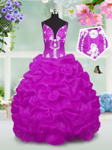 Fuchsia V-neck Neckline Beading and Appliques and Pick Ups Little Girls Pageant Gowns Sleeveless Lace Up