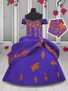 Unique Off the Shoulder Sleeveless Satin Floor Length Lace Up Glitz Pageant Dress in Purple with Beading and Appliques