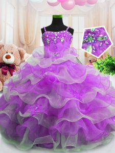 Ruffled Spaghetti Straps Sleeveless Zipper Girls Pageant Dresses Purple Organza