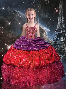 Great Red Sleeveless Floor Length Beading and Ruffles and Pick Ups Lace Up Pageant Dress for Girls