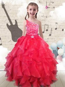 Most Popular One Shoulder Floor Length Ball Gowns Sleeveless Red Kids Pageant Dress Lace Up