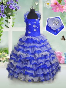 Royal Blue Lace Up Straps Beading and Appliques and Ruffled Layers Pageant Dress for Girls Organza Sleeveless
