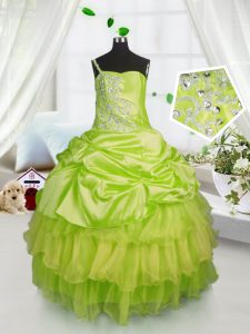 One Shoulder Floor Length Yellow Green Little Girls Pageant Gowns Satin and Tulle Sleeveless Beading and Ruffled Layers 