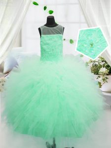 Apple Green Ball Gowns Scoop Sleeveless Tulle Floor Length Zipper Beading and Appliques Little Girl Pageant Gowns
