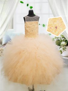 Trendy Scoop Floor Length Zipper High School Pageant Dress Orange for Party and Wedding Party with Beading and Appliques