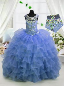 Light Blue Little Girl Pageant Gowns Party and Wedding Party and For with Beading and Ruffled Layers Scoop Sleeveless La
