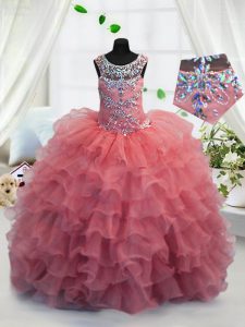 Scoop Floor Length Coral Red Pageant Dresses Organza Sleeveless Beading and Ruffled Layers