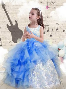 Baby Blue Pageant Dress for Girls Party and Wedding Party and For with Beading and Ruffles Scoop Sleeveless Lace Up