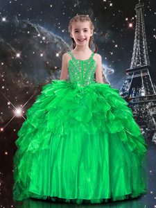 Apple Green Little Girls Pageant Dress Party and Wedding Party and For with Beading and Ruffles Spaghetti Straps Sleevel