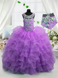 Great Scoop Beading and Ruffled Layers Pageant Dresses Lavender Lace Up Sleeveless Floor Length