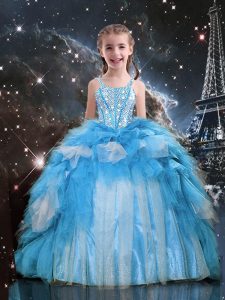 Charming Floor Length Baby Blue Little Girls Pageant Dress Spaghetti Straps Sleeveless Lace Up