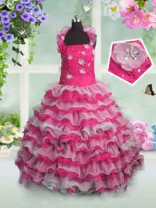 Hot Pink Ball Gowns Beading and Appliques and Ruffled Layers Girls Pageant Dresses Lace Up Organza Sleeveless Floor Leng