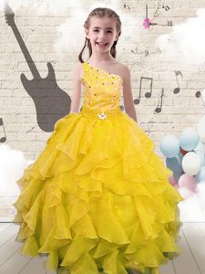 One Shoulder Yellow Organza Lace Up Little Girls Pageant Gowns Sleeveless Floor Length Beading and Ruffles