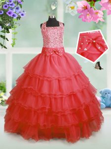 Floor Length Zipper Kids Pageant Dress Coral Red for Party and Wedding Party with Beading and Ruffles and Bowknot