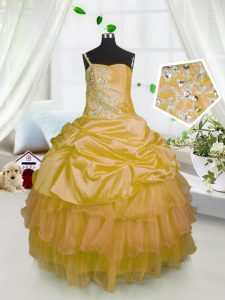 Charming One Shoulder Sleeveless Floor Length Beading and Ruffled Layers and Pick Ups Lace Up Little Girls Pageant Dress