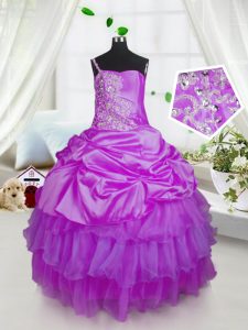Luxurious One Shoulder Sleeveless Lace Up Floor Length Beading and Ruffled Layers and Pick Ups Little Girl Pageant Dress