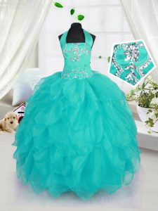 Sweet Aqua Blue Organza Lace Up Halter Top Sleeveless Floor Length Child Pageant Dress Beading