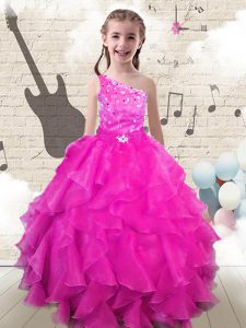 Hot Pink Evening Gowns Party and Wedding Party and For with Beading and Ruffles One Shoulder Sleeveless Lace Up