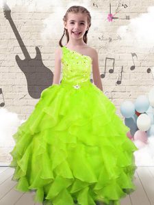 Yellow Green One Shoulder Lace Up Beading and Ruffles Little Girl Pageant Dress Sleeveless