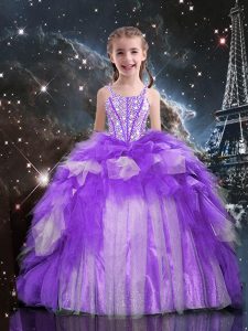 Custom Designed Purple Ball Gowns Spaghetti Straps Sleeveless Organza Floor Length Lace Up Beading and Ruffles Child Pag