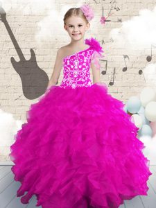 Trendy One Shoulder Hot Pink Sleeveless Organza Lace Up Pageant Dresses for Party and Wedding Party