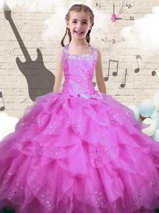 Customized Halter Top Sleeveless Floor Length Beading and Ruffles Lace Up Kids Formal Wear with Rose Pink