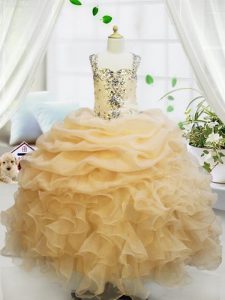 Pick Ups Champagne Sleeveless Organza Zipper Little Girls Pageant Dress for Party and Wedding Party