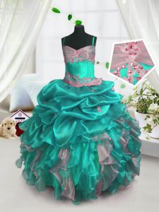 Great Turquoise Lace Up Spaghetti Straps Beading and Ruffles and Pick Ups Pageant Dress Wholesale Organza Sleeveless