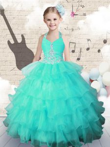 Organza Halter Top Sleeveless Lace Up Beading and Ruffled Layers Pageant Gowns For Girls in Turquoise